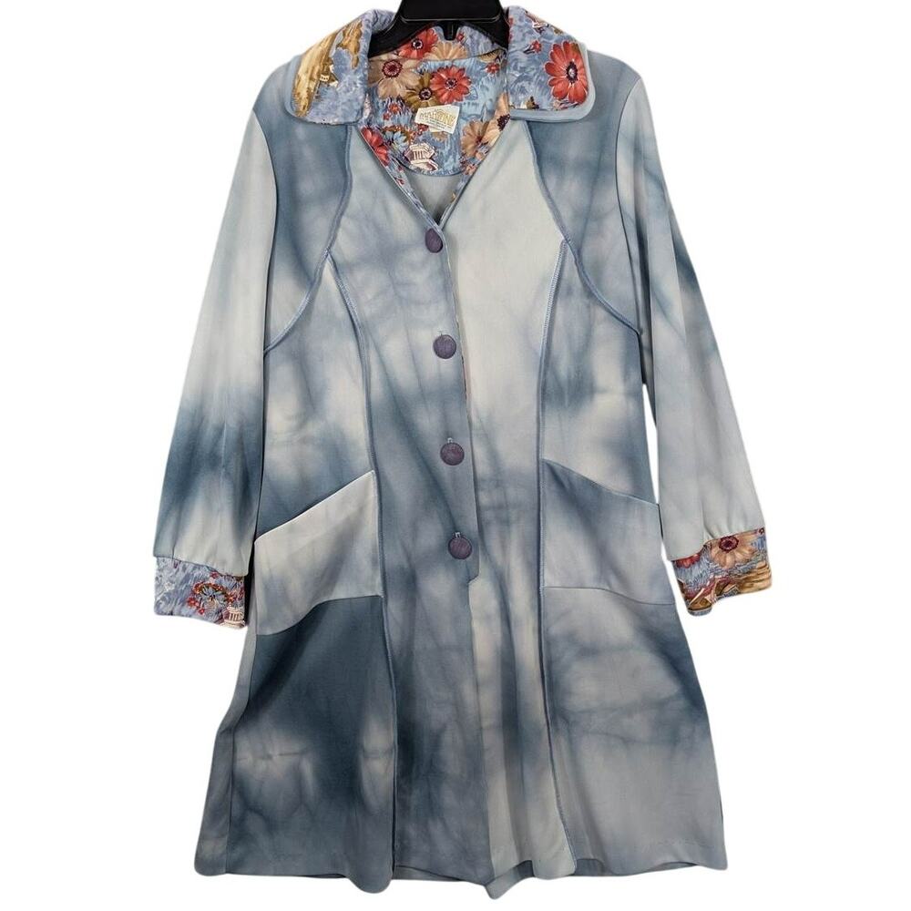 Vintage Shirtwaist Dress XL Blue Tie Dye Long Sleeve Button Knee Length Pansies